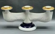 Vintage Czech Bohemian Thun Studio Porcelain Triple Candlestick Cobalt & Gold