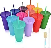 Reusable Plastic Cups with Straws & Lids - 12Pcs 24oz Cold Iced Coffee Drinking Cup Colorful Straw Tumblers Bulk - Cute Durable Travel Party Cup for Adults