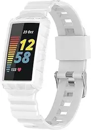intended for Fitbit Charge 5 Bands with Bumper, TPU Sport Protective Case Rugged Protector Replacement Strap Accessories intended for Charge 5 Smart Watch (White)