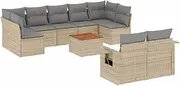 vidaXL 10 Piece Poly Rattan Garden Sofa Set - Beige/Light Grey - Outdoor Modular Patio Furniture with Acacia Table