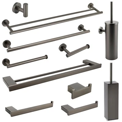 Gun Metal Grey Towel Rail Rack Toilet Paper Holder Robe Hook Stainless Steel Kit