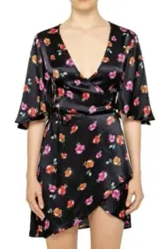 BEC and BRIDGE Ladies POP FLORAL Black Wrap Mini Dress Size 6 NWT