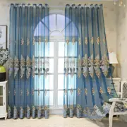 Blue Embroidery Tulle Curtains Sheer Drape Grommet Top Lace Window Panels Modern