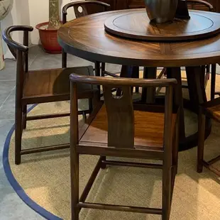 新中式烏金木餐桌椅組合家用飯桌大小戶型簡約圓桌飯桌帶轉盤6人
