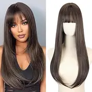 Creamily Long Brown Wig with Bangs, Middle Part Straight Wigs for Women, Glueless Natural Looking Synthetic Brown Hair Wigs, Long Straight Hair Wig for Daily Party Use 25 Inches