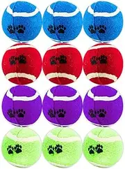 [12PCE] Pet Basic Dog Tennis Fetch Balls, Safe for Dog's Teeth, Paw Design On Ball, Suitable for Indoor and Outdoor Use, Provides Quality Play Time for You and Your Dog - Blue, Green, Red, Purple (6cm)