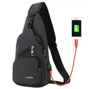 Fashion Canvas Bag Sport Chest Pack USB Charging Crossbody Shoulder Bag BLACK COLOR
