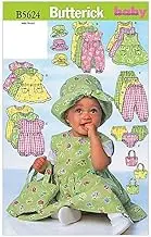 Butterick B5624NB Infants' Dress Jumper Romper Jumpsuit Panties Hat and Bag Sewing Pattern, Size NB-S-M