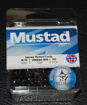 50 Mustad 39944BN-80 Classic In-Line Demon Perfect Circle Hooks Size 8/0