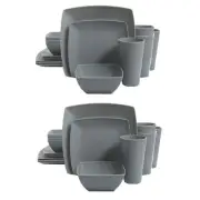 Gibson Home 16 Piece Modern Square Melamine Dinnerware Plate Set Grey (2 Pack)