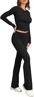 [Famulily] Women's Tracksuit Two Piece Outfit Skims Dupe Long Sleeve Fold-over Crop Top and Low Rise Flare Pants Set Lounge Sets S-L