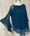NY Collection Women Teal Blue Flowy Pullover Stretch Lace Tunic Top Blouse NWT S