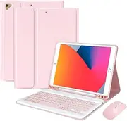 iXTRA Keyboard Case for iPad 10.2 inch 9th/8th/7th Gen, iPad Air 3rd Gen 2019, iPad Pro 10.5" 2017, Leather Folio Cover with Detachable Keyboard, Wireless Bluetooth Mouse, Pencil Holder, Light Pink