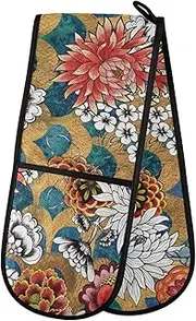 Peony Floral Double Oven Mitt Heat Resistant Non-Slip Kitchen Gloves Extra Long 7" x 35" for Cooking Baking Barbecue Grilling