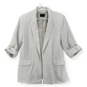 Tahari Linen Jacket Womens Large Open White 3/4 Sleeve Roll Tab Lined Blazer NWT