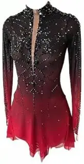 [JRUIA] Girls' Professional Figure Skating Competition Wear Black Red Halo Dyeing Ice Skating Dresses Gymnastics Crystal