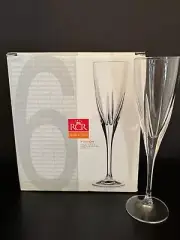 Set of 6 RCR Crystal Champagne Flutes Fusion Pattern 6 oz New In Box Box Scuffed