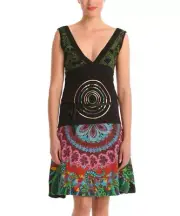 DESIGUAL Black & Green Mixed Print Sleeveless Dress Sequin Embroidery Sz XL