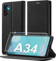 2023 Upgraded Mobile Phone Case for Samsung Galaxy A34 Leather Case [With A34 Protective Film] for Samsung Galaxy A34 5G Case Foldable Leather Flip Wallet Shockproof Case Protective Flip Case for