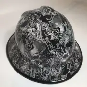 Hydro Dipped Hard Hat MSA Full Brim White Filigree Skulls w/Black EdgeGard
