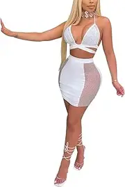 [LUXRUB] Women's Sexy Rhinestones 2 Piece Outfits Sets Nightclub Halter Tie Bra Crop Top and Bodycon Mini Package Hip Skirt (Color : White, Size : Medium)