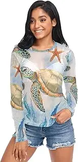 [RPLIFE] Watercolor Sea Turtle Womens Mesh Tops, Sheer See Through Top S-XXL