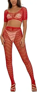 [Tender Whisper] Women's Babydoll Fishnet Stretch Bodysuits Mid-sleeve Top+Hollow Out Tight Lingerie Set