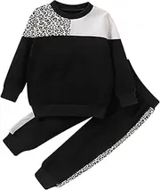 [FEESHOW] Kid Boy Girl 2Pcs Sweatsuit Long Sleeve Leopard Printed Sweatshirt With Sweatpants Set Athletic Sport Tracksuit