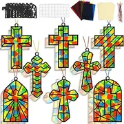 Lonfliness 32 Set Cross Suncatchers Craft DIY Religious VBS Window Stain Glass Effect Paper Christian Home Sunday School Easter Classroom Decorations Art Craft Creative Activity Project Kid Gift Favor