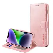 For Apple iPhone 14 Plus Case RFID Blocking Retro Flip Premium Leather Card Holder Wallet Cover – (Rose Gold)