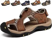 [Asifn] Men's Outdoor Hiking Leather Sandals Water Shoes Slides Closed Toe Sport Walking Fishermen Climbing Summer Athletic, Dbrown, 10.5-11