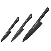 Samura SHADOW Set of 3 Kitchen Knives: Chef's Knife Utility Knife Paring Knife with Black Non Stick Coating