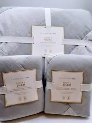 Pottery Barn Teen Denim X Quilt F/Q Gray Tan Greige Patchwork Quilt-2 Shams NWT