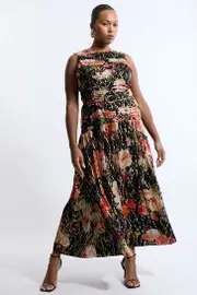 Plus Size Floral Printed Viscose Metallic Thread Beaded Woven Maxi Dress