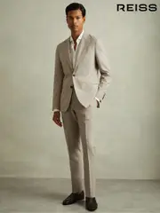 Reiss Oatmeal Elliot Checked Side Adjuster Trousers in Wool-Linen (B94029) | $325