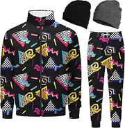Spanoous Retro 90s 80s outfit for men sweatsuits track suits for men 2 piece set Full Zipper with 2 Knit Beanie hat