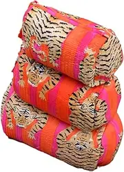 [INDACORIFY] Tiger Print Makeup Bag Set of 3 Pieces Indian Cotton Toiletry Bag Make up Pouch Travel Bag Quilted Wash Bag Shaving Cotton Cosmetic Kit, Multicolor, Bag