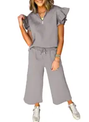 SHEWIN Two 2 Piece Sets for Women Casual Short Sleeve Tops Quarter Zip Pullov...