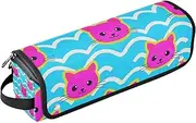 2-in-1 Curling Iron Travel Case and Heat Resistant Mat Large Capacity Hair Straighteners Organizer for Hot Tools Curling Iron Flat Irons Hair Volumizer Styler,Wave Pattern Cartoon Cat