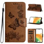 For Samsung Galaxy A55 5G Case Embossed Butterflies Wallet PU Leather, Brown