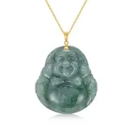 14K Gold Buddha Necklace for Women, Real Yellow Gold Jade Laughing Buddha Cab...