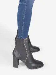 Black Leather Stud Detail Heeled Boots