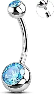 [OUFER Body Piercing] Iternally Belly Bars Piercing 316L Stainless Steel Navel Piercing Jewellery 14G Belly Button Bars 10/12/14/16mm Navel Bars Belly Button Ring Aqua CZ Navel Piercing