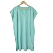 Eileen Fisher V Neck Cap Sleeve Tee Shift Dress Size XL Aqua Beachy Cotton NEW