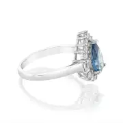 Sterling Silver Rhodium Plated White And Sapphire Cubic Zirconia Pear Shaped Ring, Q