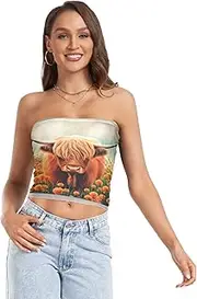 [RPLIFE] Cute Highland Cow Crop Top Strapless Tank Top, Mesh Tube Tops, Trendy Crop Tops (S)