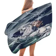 Rolling Thunder Ocean Unicorn and Female Warrior Microfiber Beach Towel