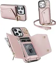 Procarcasa for iPhone 13 Pro Phone Case Wallet with Card Holder,for iPhone 13 Pro Wallet Case Leather Flip Cover Zipper Coin Pocket Kickstand Back Cover with Wrist Strap Lanyard, Rose Gold