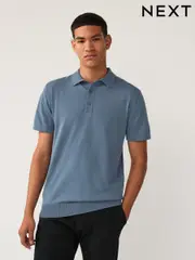 Slate Blue Slim Fit Cotton Rich Short Sleeve Knit Polo Shirt (B21558) | $44