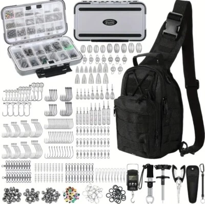 Fishing Accessories Kit with Sling Pack Tackle Box, Hooks, Weights, and Gear Set